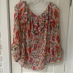 Colorful Ruffled Blouse with Button Detail